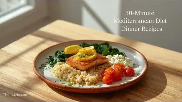 Wooden table with grilled salmon fillet, lemon slices, quinoa, wilted spinach, cherry tomatoes & feta, sunlight from window
