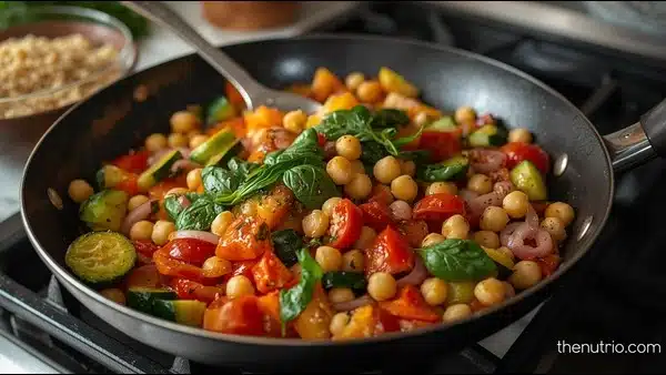 Large sauté-pan on gas stove with colourful zucchini, red-bell pepper, red onion, garlic, chickpeas, tomato chunks, spinach leaves; bowl of whole-grain couscous beside
