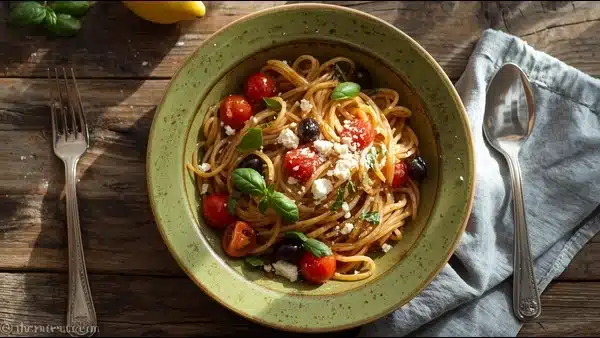 Rustic wooden table with bowl of whole-grain pasta twirled with cherry-tomato halves, kalamata olives, crumbled feta cheese, chopped basil and lemon drizzle