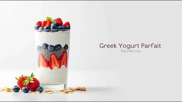 Greek yogurt parfait layered with berries, chia seeds, and nuts.