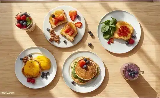Flat-lay of delicious diabetic-friendly 10-minute breakfast recipes in a bright American-style kitchen.