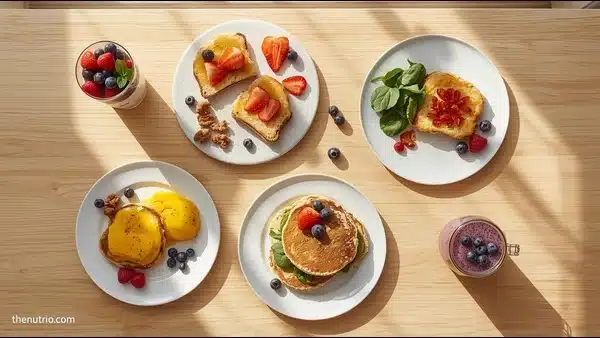 Flat-lay of delicious diabetic-friendly 10-minute breakfast recipes in a bright American-style kitchen.