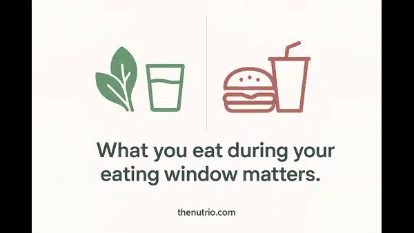 Split graphic showing healthy greens versus junk food to highlight eating window food mistakes