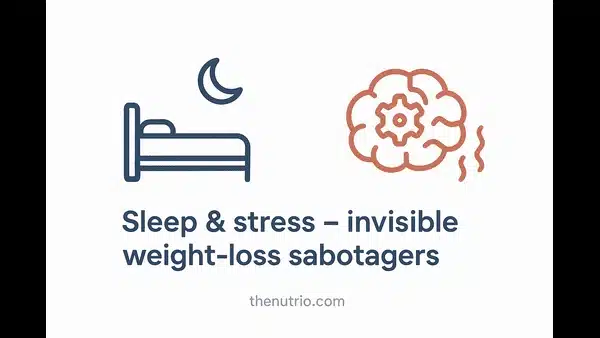 Bed and moon icon with brain-gear stress symbol illustrating sleep and stress impact on fasting weight loss