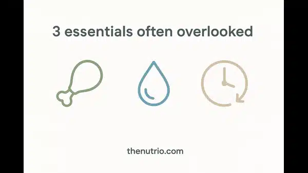 Three-icon row showing protein drumstick, water droplet and slow-moving clock representing key weight loss essentials