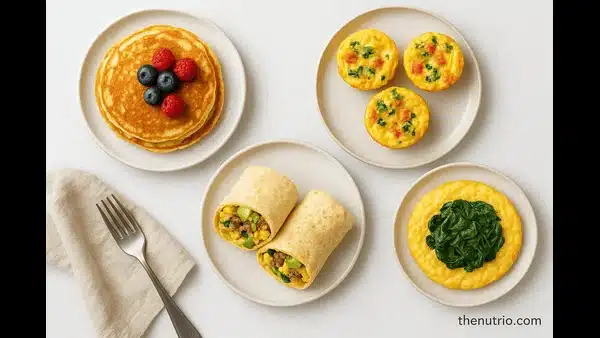 “Collage of keto breakfast dishes: almond flour pancakes, egg muffins, cloud bread, and breakfast burrito”