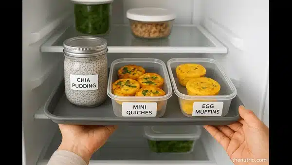 “Meal prepped keto breakfast containers in fridge: chia pudding, mini quiches, egg muffins”