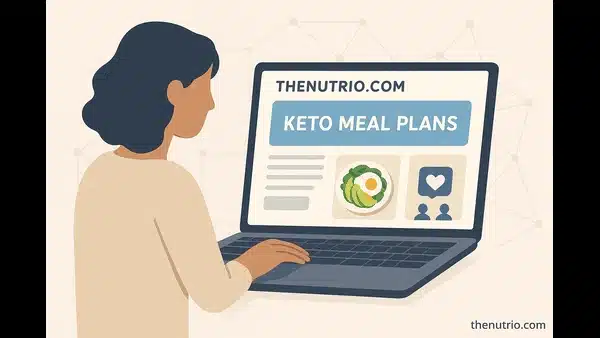 “Person using thenutrio.com dashboard with keto meal plan, recipes, and community support”