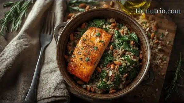 Top view of skillet and bowl: golden-crust salmon with lemon-herb seasoning, fluffy quinoa with spinach and almonds, olive-oil bottle in background