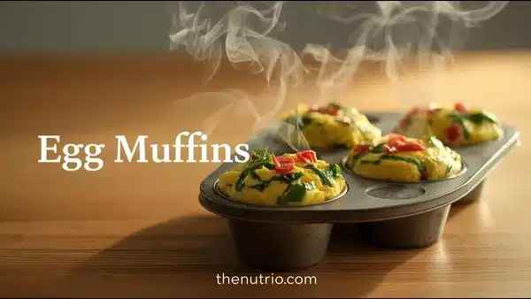 Egg muffins with vegetables arranged on a rustic kitchen counter.