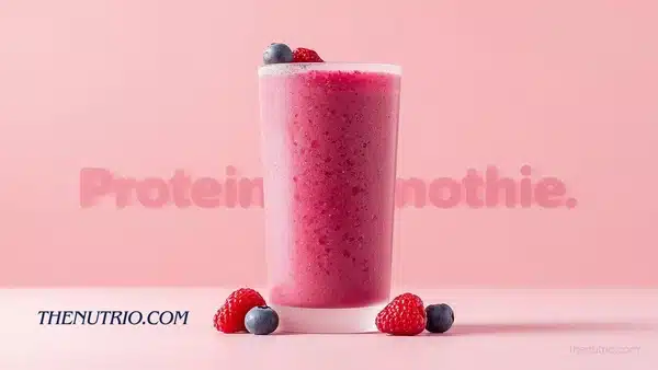“Berry protein smoothie in a tall glass.”