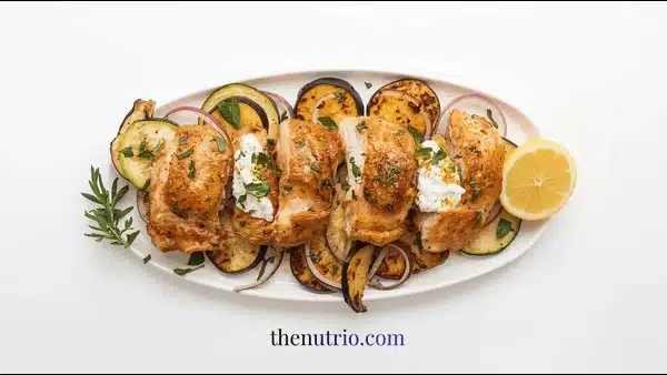 Sheet pan from oven: Greek-yogurt-marinated chicken breast slices, roasted eggplant, zucchini and red-onion rings, fresh oregano sprinkle, lemon wedge on white background