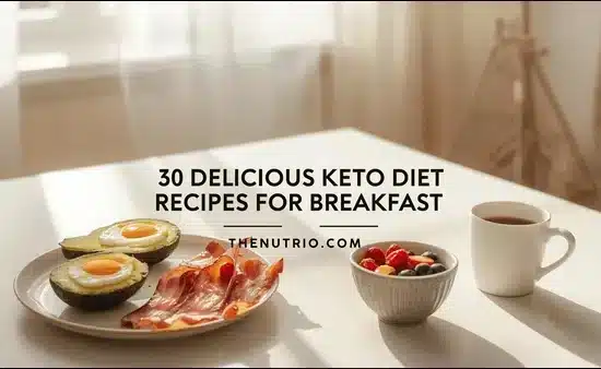 “Keto breakfast spread with avocado egg, bacon, chia pudding, and coffee on a bright kitchen table”